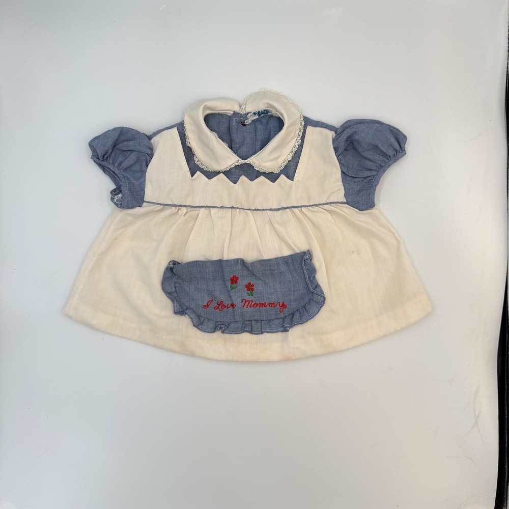 Vtg Baby Dress "I Love Mommy"‎ – Puff Sleeves, Embroidered Pocket (3-6M) FLAWED